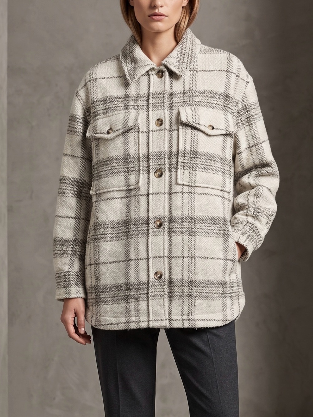 Banana Republic Cream and Gray Plaid Shacket
